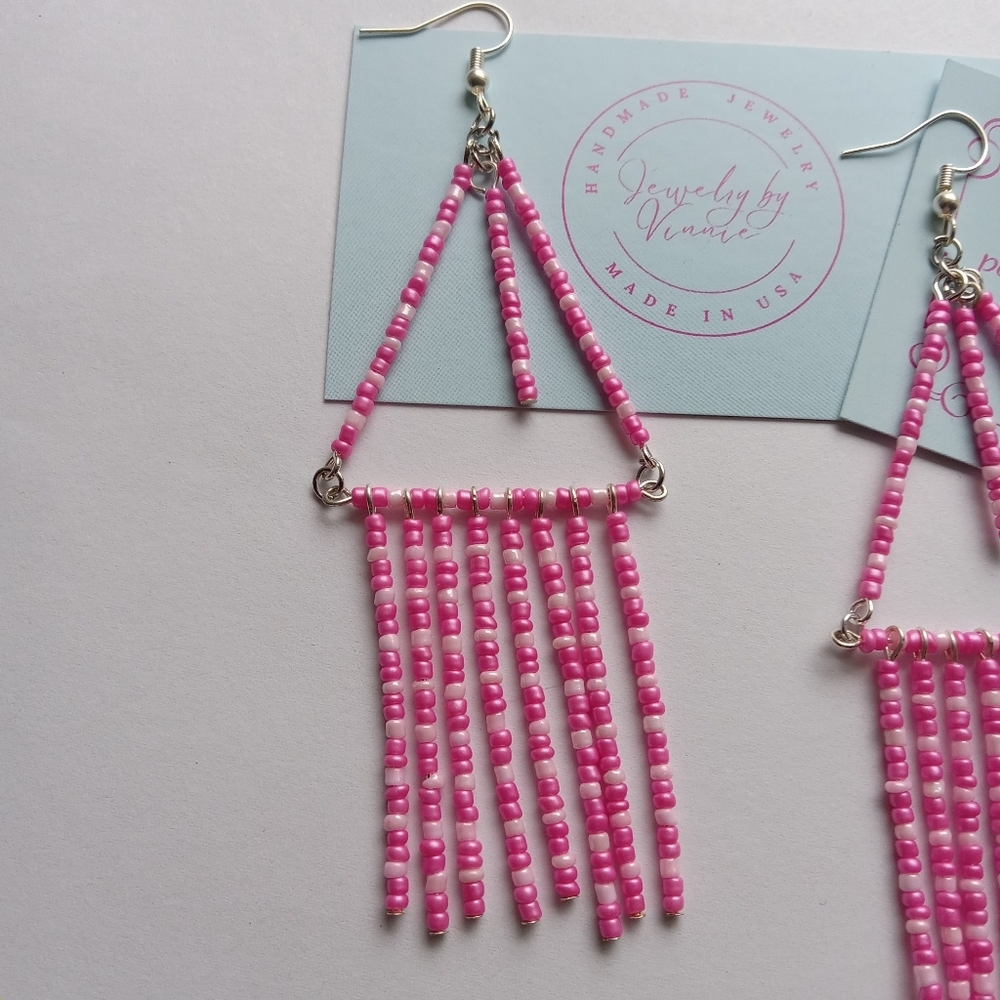 Hand Crafted Pink Beaded Earrings - Picture 7 of 7